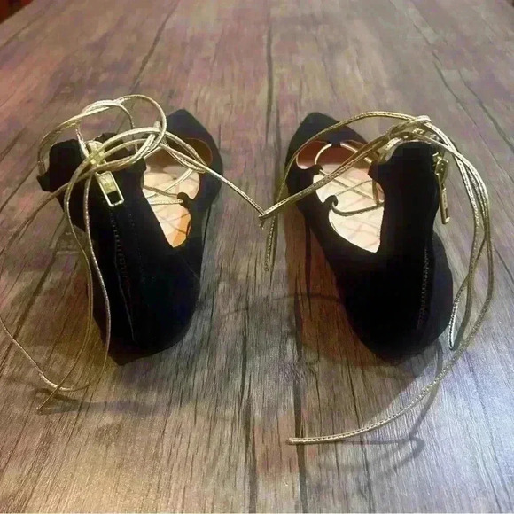 J. Crew Women's Black Suede Gold Metallic Lace up Flats Back zip 8M - Picture 5 of 7